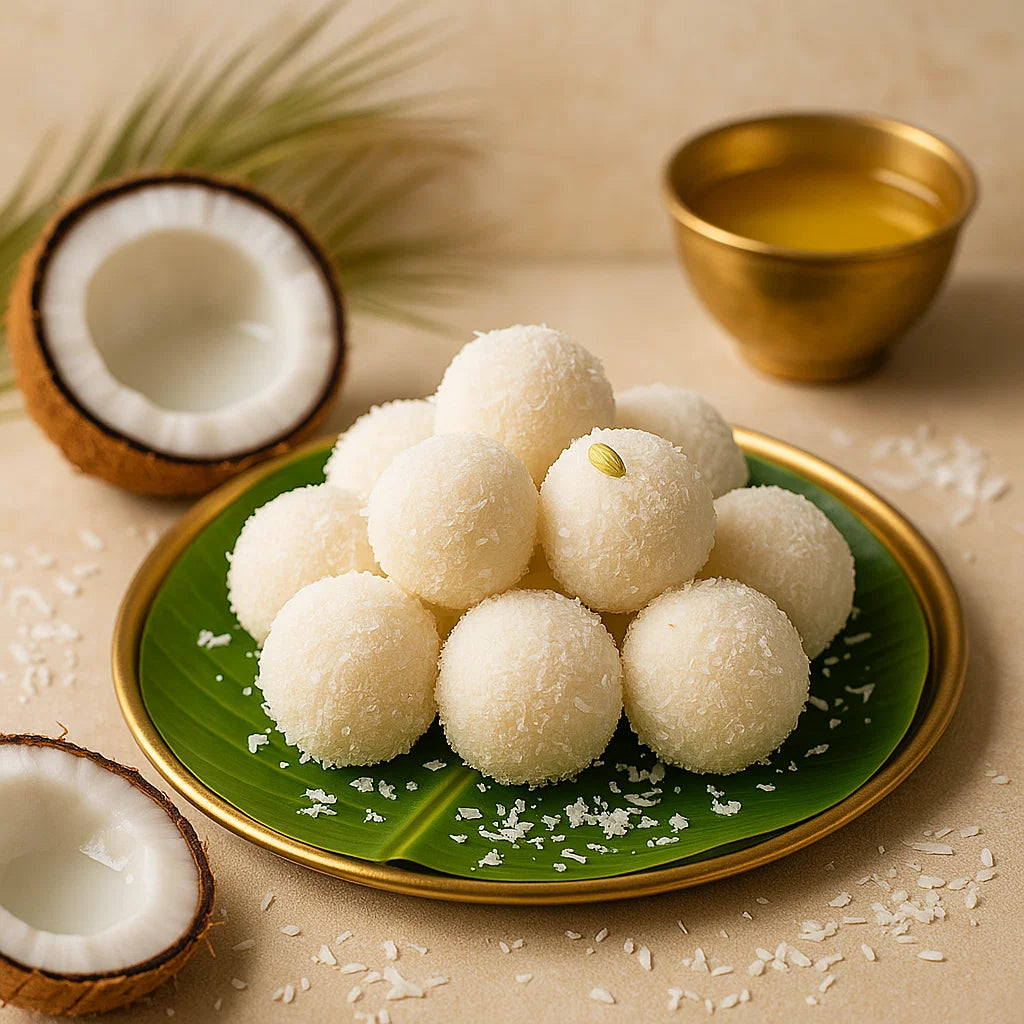Coconut laddus on a green leaf plate with coconuts and a gold cup in the background.